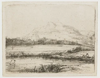 Canale con un pescatore e due cigni