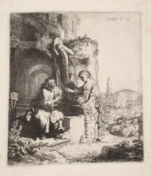 Cristo e la Samaritana tra le rovine (incisione verticale)