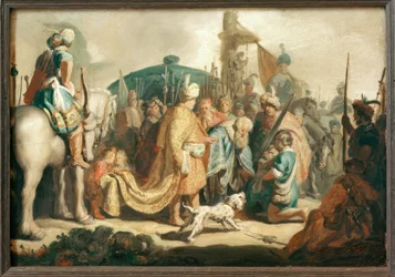 Davide inginocchiato con la testa di Golia davanti a Saul