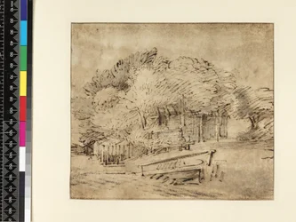 Cascina sotto gli alberi, con un ponticello, c.1650