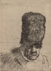 Testa di un vecchio con cappello di pelliccia alto