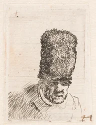 Testa di un vecchio con un alto cappello di pelliccia