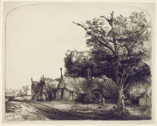 Paesaggio con cottage a spiovente lungo una strada, 1650