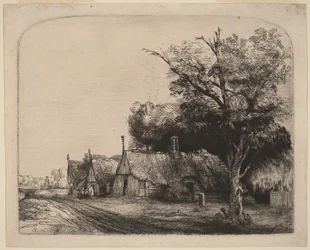 Paesaggio con tre casette a due falde lungo una strada
