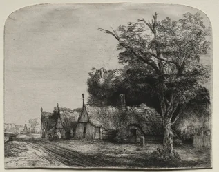 Paesaggio con tre cottage a capanna lungo una strada