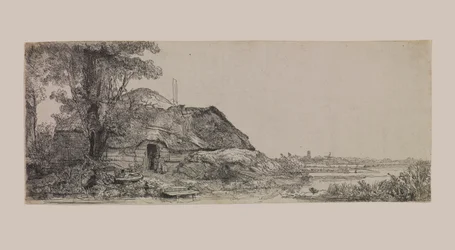 Paesaggio con cottage e grande albero