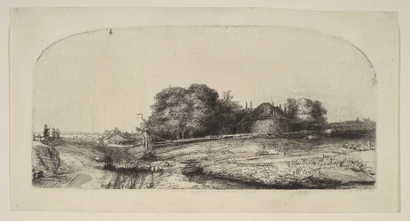 Paesaggio con fienile e gregge di pecore