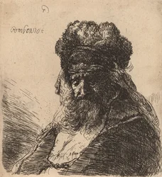 Vecchio barbuto con un alto cappello di pelliccia, con gli occhi chiusi