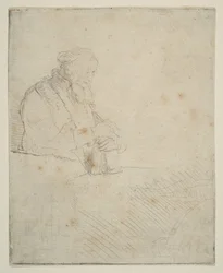 Vecchio in meditazione, appoggiato a un libro