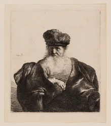 Vecchio con barba, berretto di pelliccia e mantello di velluto