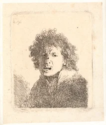 Rembrandt a capo scoperto e bocca aperta, come se stesse urlando: busto