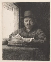 Rembrandt che disegna alla finestra