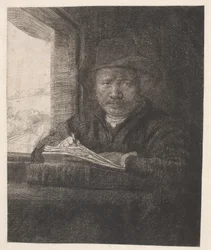 Rembrandt che disegna alla finestra