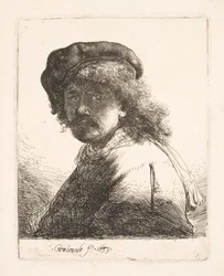 Rembrandt con berretto e sciarpa: il volto in ombra: busto