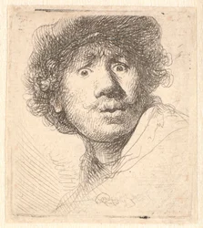 Rembrandt con un berretto, bocca aperta e sguardo fisso: busto in contorno