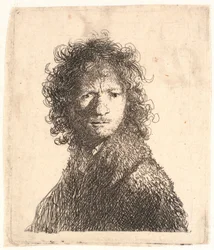 Rembrandt a testa scoperta, in luce intensa da destra: guardando oltre la spalla: busto