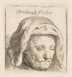 La madre di Rembrandt con un copricapo di stoffa, lo sguardo rivolto verso il basso: solo la testa