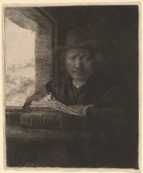 Autoritratto che disegna alla finestra