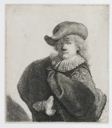 Autoritratto con cappello morbido e mantello a motivi decorativi