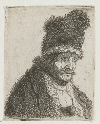 Foglio con studi sulla testa di uomini: anziano con cappotto di pelliccia e berretto alto