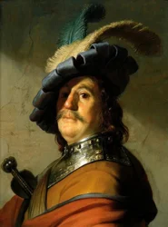 Soldato con collare di ferro e cappello piumato