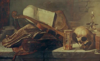 Natura morta con libri, violino, teschio e clessidra