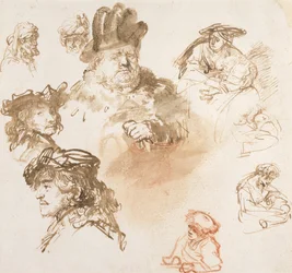 Studi di Teste di Vecchi e Tre Donne con Bambini, c.1635-36