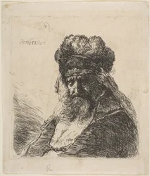 Vecchio barbuto con cappello di pelliccia alto e occhi chiusi, ca. 1635