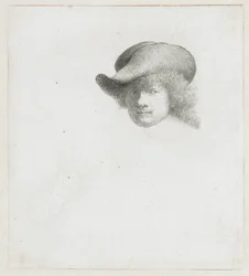 Autoritratto con cappello floscio e mantello decorato