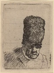 Testa di un vecchio con cappello di pelliccia