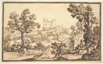 Paesaggio con uomo che riposa, case coloniche e un castello