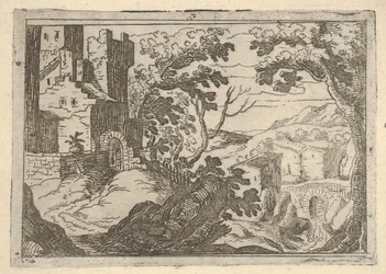 Paesaggio con edifici a sinistra e un ponte a destra