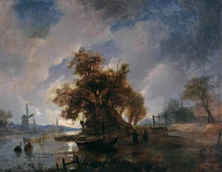 Tedesco: Paesaggio del fiume olandese al chiaro di luna Paesaggio del fiume olandese al chiaro di luna