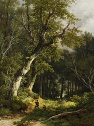 Paesaggio boschivo con due cacciatori