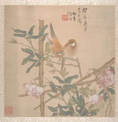 Due uccelli posati su un cespuglio di rose in fiore, fine XIX secolo