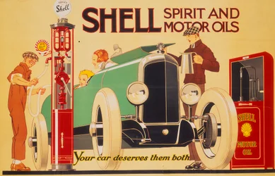 Poster pubblicitario per lo spirito e gli oli motore Shell
