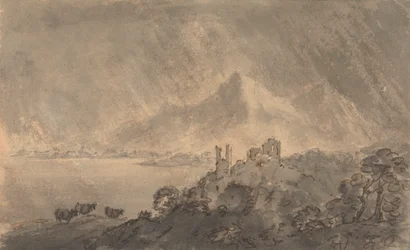 Castello sopra un lago con montagna distante sotto cielo tempestoso
