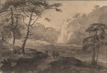 Paesaggio con tre figure su una strada