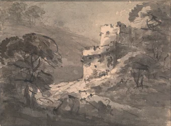 Paesaggio con un castello in rovina a destra