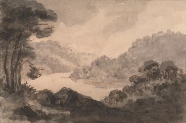 Paesaggio Montuoso con Fiume, Alberi e Foliage in Primo Piano