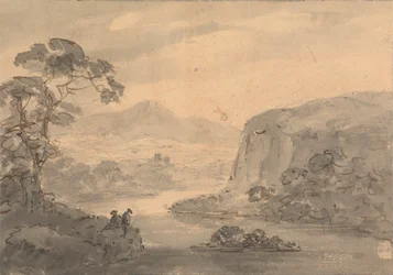 Paesaggio montuoso con due figure che guardano un lago
