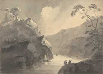 Paesaggio montuoso con fiume tortuoso e castello