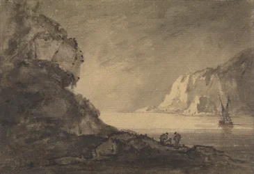 Scena di Navigazione con Tre Figure sulla Riva