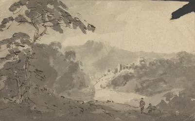 Due uomini che guardano in un paesaggio con castello, fiume e montagna