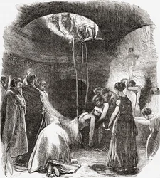 Una sepoltura cristiana precoce nelle Catacombe di Roma, Italia. Da Immagini Italiane di Rev. Samuel Manning, pubblicato c.1890.