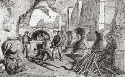 Forno del panettiere, mulini per il pane e la farina scoperti negli scavi di Pompei, Napoli, Italia, alla fine del XIX secolo. Da Italian Pictures di Rev. Samuel Manning, pubblicato c.1890.