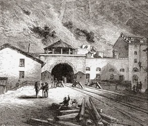 Il Tunnel Ferroviario del Fréjus, chiamato anche Tunnel del Moncenisio, Alpi Europee, dal lato italiano alla fine del XIX secolo. Da Immagini Italiane di Rev. Samuel Manning, pubblicato c.1890.