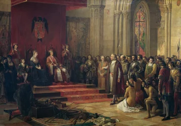 Cristoforo Colombo ricevuto dai re cattolici a Barcellona al suo ritorno dal primo viaggio nelle Americhe, dipinto del 1874 di Ricardo Balaca (1844-1880), olio su tela