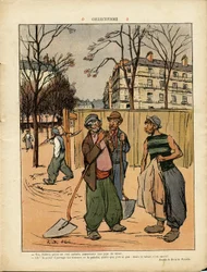 Illustrazione di Ricardo Flores (1878-1918) in Le Rire, 06/02/09 - Collettivismo - Sociale, Architettura Urbana, Albero, Edificio, Collettivismo - Lavoratore, Terrassiers