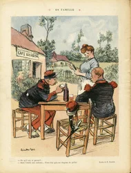 Illustrazione di Ricardo Flores (1878-1918) in Le Rire, 08/08/08 - Famiglia - Esercito, Ristoranti Caffè, Vino, Alcol Alcolico - Ragazzo del Caffè, Cameriere Cameriere, Soldati
